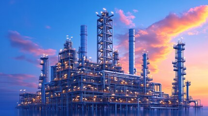 Obraz premium Industrial Oil Refinery with Pipelines and Towers at Colorful Sunset