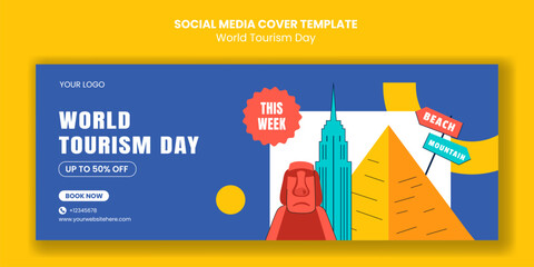 Happy Tourism Day Illustration Template with Flat Cartoon Style for Social Media Cover