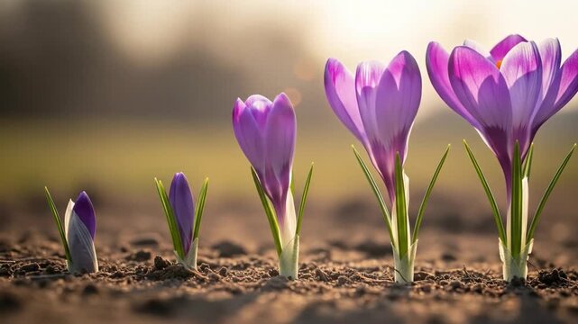 Crocus Flower Growth Time Lapse: Blooming Purple Flowers in Spring Sunlight Close Up