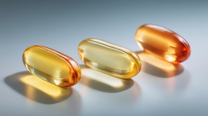 Three Horizontally Arranged Multicolor Health Supplement Softgels with Amber Yellow Gradients on Light Blue Gray Background, Glossy Surface Reflections and Soft Shadows - Premium Nutritional Capsules 