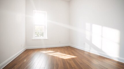Empty room with white walls, parquet floor and window with sunlight.