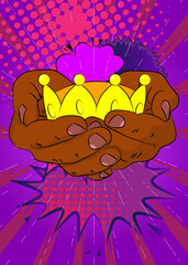 Cartoon, comic book human hands holding Crown. Retro vector comics pop art design.
