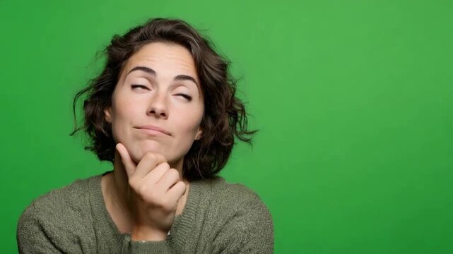 Deep Contemplation: A young woman with an intent gaze, touching her chin thoughtfully, embodies a moment of deep contemplation. The vibrant background accentuates her thoughtful expression.