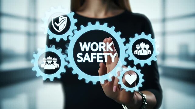 Work Safety Concept with Woman Touching Digital Interface with Blue Gears and Safety Icons against a Blurry Office Backdrop for Adobe Stock Photo
