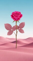 A vibrant pink rose blooms in a surreal, monochromatic pink desert landscape under a clear blue sky, creating a striking contrast.