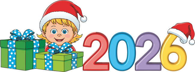 Fototapeta premium Cartoon Girl in Santa Hat with Gifts and Colorful 2026 New Year Illustration