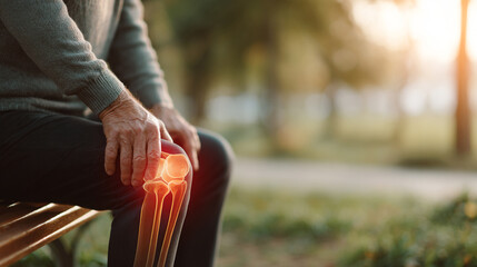 Lifestyle image of close-up view of a painful pain Knee Osteoarthritis severe Articular cartilage discomfort augmented overlay on the knee with glowing red pain semi-transparent bone and joints