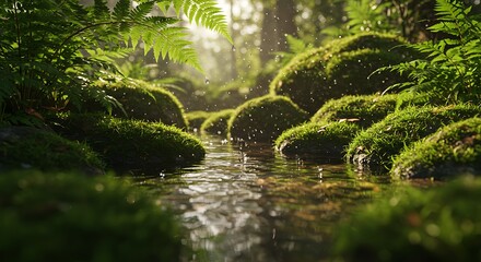 Serene Rainforest Stream: Mossy Rocks and Tranquil Waters