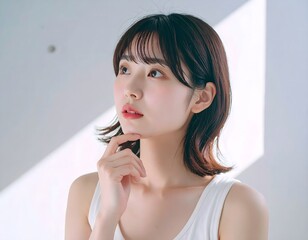 考察する女性の姿、集中する眼差し