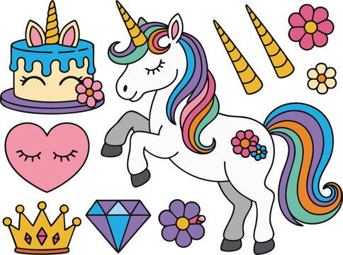 Cartoon Unicorn and Princess Themed Graphics Cake, Heart, Crown, Diamond, Flowers, Horns - Powered by Adobe