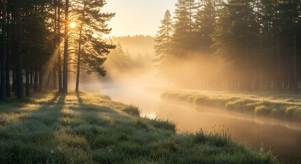 Golden Sunrise over Misty River in Pine Forest