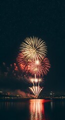 Spectacular fireworks display illuminating the night sky over tranquil water bodies celebrating
