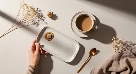 Aesthetic Flatlay: Coffee, Plate, Dried Flowers, and Sunlight