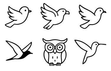 Line Art Bird Icon Set in Black and White Outline Featuring Sparrow, Eagle, Flamingo, Owl, Parrot, and Hummingbird in a Minimalist Flat Style