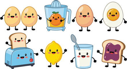Cute Breakfast Cartoon Characters Eggs, Orange Juice, Toast, Lemon, Milk, Illustration