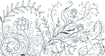 Fototapeta premium Delicate HandDrawn Floral Ornaments with Curled Vines, Leaves, and Buds Isolated on White Background