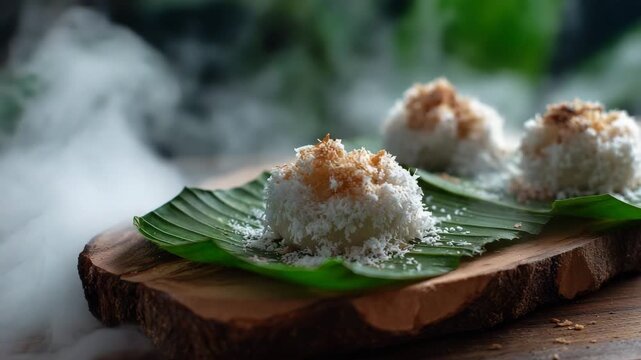 Three white coconut rice balls on banana leaves, wood board, dark background, steam, close up, food photography.