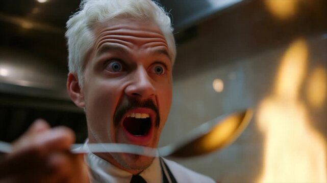 A white-haired chef in his late thirties, with a thin mustache and goatee, holding up an empty metal spoon over flames