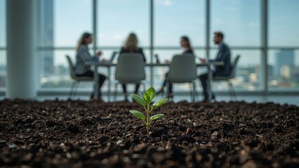 Sustainable business growth concept with a green sprout growing from soil, representing new investment and environmental corporate responsibility.