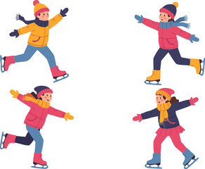 Four Cartoon Children Ice Skating in Winter Clothes Against a White Background Illustration