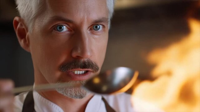 A white-haired chef in his late thirties, with a thin mustache and goatee, holding up an empty metal spoon over flames