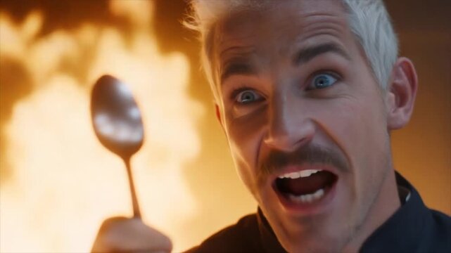 A white-haired chef in his late thirties, with a thin mustache and goatee, holding up an empty metal spoon over flames