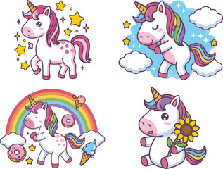 Four Cute Cartoon Unicorns with Rainbows, Clouds, Stars, and Sweets Illustration Set