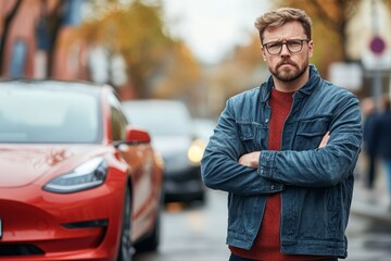 Angry man standing next to his electric car, with the battery running out before reaching his destination, calling for breakdown assistance and waiting for help, Generative AI