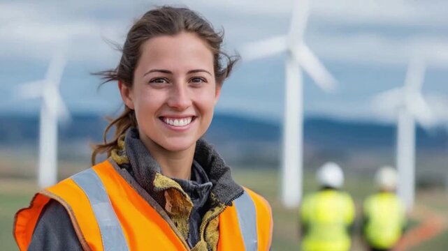 Sustainable Energy Engineer: A confident engineer, framed against a backdrop of wind turbines, radiates a positive outlook on renewable energy development and environmental preservation.