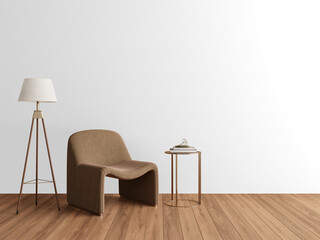 Minimalist curved chair with tripod lamp and side table on transparent background with shadow