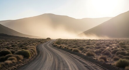 Desert Road at Sunrise: A Dusty Path Through Golden Mountains