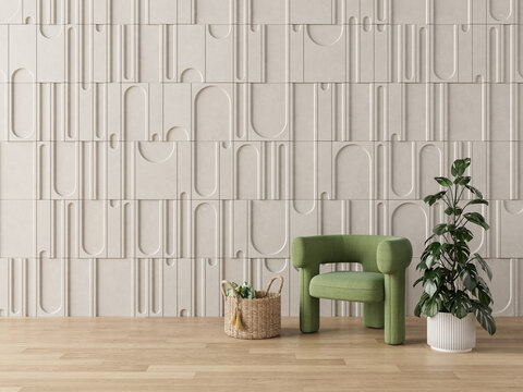 Modern Interior with Green Armchair and Decorative 3D Wall Panels in Minimalist Living Room