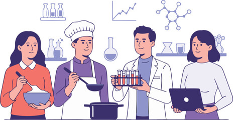 Illustration of Cook, Baker, Scientist, and Researcher Working Together in Kitchen and Laboratory