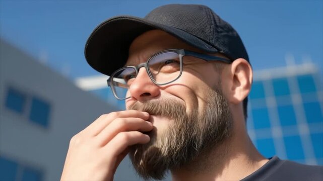 A man with a beard, wearing a baseball cap and glasses
