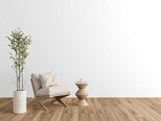 Cozy accent chair with plush cushions and geometric wood table on transparent PNG with shadow