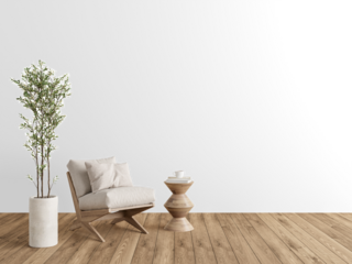 Cozy accent chair with plush cushions and geometric wood table on transparent PNG with shadow