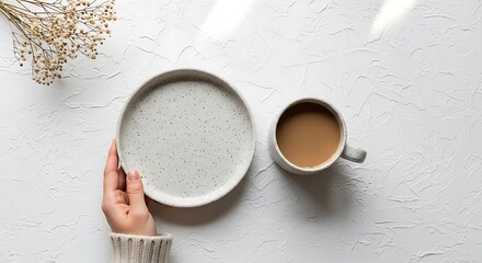 Morning Coffee and Empty Plate Minimalist Flatlay