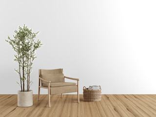 Natural wood armchair with book basket and large potted plant on transparent background