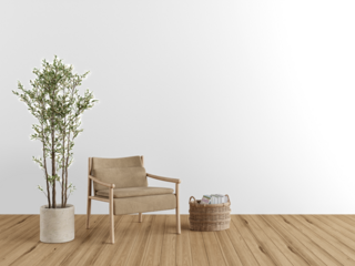 Natural wood armchair with book basket and large potted plant on transparent background