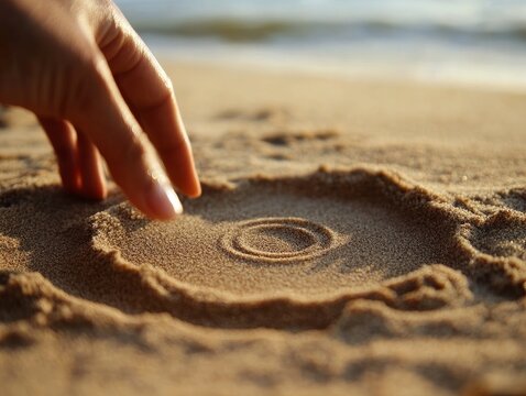 Close-up of a hand tracing a perfect circle in the sand at the beach - Powered by Adobe