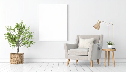 Bright interior features armchair, lamp, plant, and blank canvas on wall