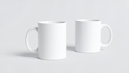 Obraz premium Two simple white ceramic mugs stand on a light gray surface showcasing minimalism