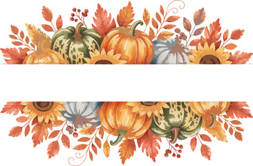 Watercolor Autumn Pumpkin and Sunflower Banner with Falling Leaves Frame on White Background
