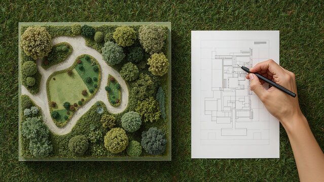 Urban planning and green space design, showing a miniature park model and an architectural sketch