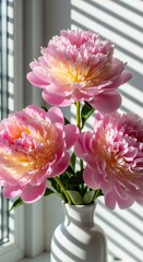 Three pink and yellow peonies in a white vase are bathed in sunlight streaming through window blinds, casting shadows on the wall.
