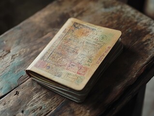 Close-up of a passport with colorful stamps, resting on a rustic wooden table