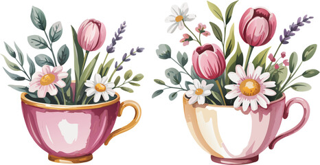 Watercolor Teacup Flowers Tulips, Daisies, Lavender, and Green Leaves on White Background