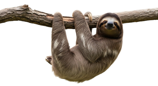 Adorable sloth hanging upside down from a tree branch isolated on transparent background