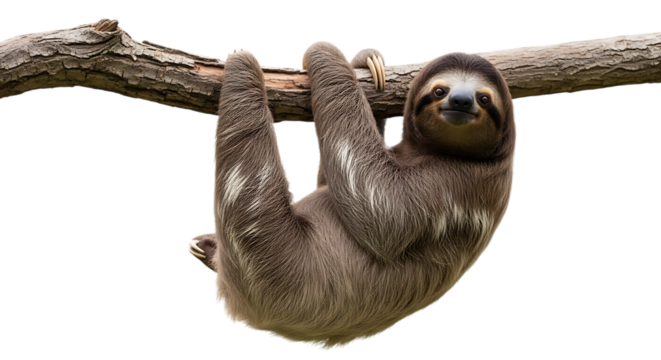 Adorable sloth hanging upside down from a tree branch isolated on transparent background