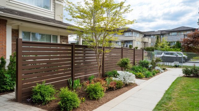 Contemporary WPC fencing with matte finish and privacy function lines a spring garden. The fence contrasts naturally with the green lawn and blue sky.  
